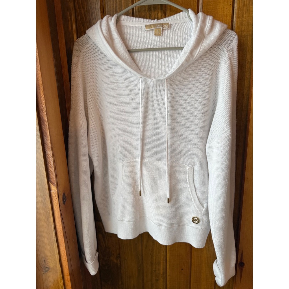 MICHAEL KORS White Waffle Knit Hoodie Pocket Drawstring Casual Womens Size M